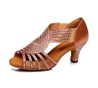 HIPPOSEUS Women's Latin Dance Shoes Ladies Rhinestones Slip on Brown Ballroom Salsa Bachata Shoes for Dancing Performance Practice 2 1/3 Inch Heel,4 UK