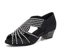 HIPPOSEUS Women's Latin Dance Shoes Low Heel Ladies Rhinestones Slip on Black Ballroom Salsa Bachata Dancing Performance Practice Shoes 1 1/4 Inch Heel,3.5 UK