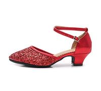 HIPPOSEUS Women's Latin Dance Shoes Red Sequins Closed Toe Ballroom Modern Tango Dance Practice Shoes for Outdoor Low Heel 1.75“,5 UK