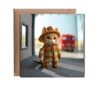 Hippowarehouse 2D felt style cat firefighter Personalised Card. 15cm x 15cm with envelope for him for her Funny Cards for Men and Women Blank inside option