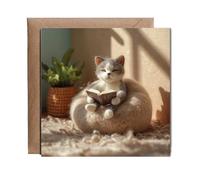 Hippowarehouse 2D felt style cat reading cosy Personalised Card. 15cm x 15cm with envelope for him for her Funny Cards for Men and Women Blank inside option