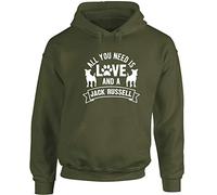 Hippowarehouse All you need is love and a Jack Russell unisex Hoodie hooded top (Specific size guide in description) Olive Green