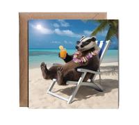 Hippowarehouse Badger on the beach Personalised Card. 15cm x 15cm with envelope for him for her Funny Cards for Men and Women Blank inside option