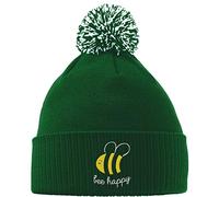 Hippowarehouse Bee Happy Embroidered Beanie Hat with Bobble Bottle Green