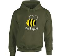 Hippowarehouse Bee Happy Unisex Hoodie Hooded top (Specific Size Guide in Description) Olive Green