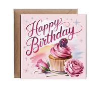 Hippowarehouse Birthday Card with Pink Rasberry Cupcake and Roses Personalised Card. 15cm x 15cm with envelope for him for her Funny Cards for Men and Women Blank inside option