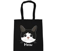 Hippowarehouse Black and white cat - meow Tote Shopping Gym Beach Bag 42cm x38cm, 10 litres