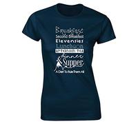 Hippowarehouse Breakfast Second Breakfast Elevensies Luncheon Afternoon Tea Dinner Supper A Diet to Rule Them All Womens Fitted Short Sleeve t-Shirt (Specific Size Guide in Description) Navy Blue