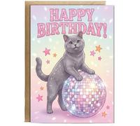 Hippowarehouse British Shorthair Birthday disco celebration cat Personalised Card A5 with envelope for him for her Funny Cards for Men and Women Blank inside option