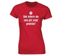 Hippowarehouse But Where do You get Your Protein? Womens Fitted Short Sleeve t-Shirt (Specific Size Guide in Description) Red