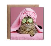 Hippowarehouse Cat on a Pink Spa Day Personalised Card. 15cm x 15cm with envelope for him for her Funny Cards for Men and Women Blank inside option