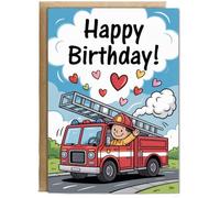 Hippowarehouse Childrens Happy Birthday Card for Boys Fireman and Fire Engine Personalised Card A5 with envelope for him for her Funny Cards for Men and Women Blank inside option