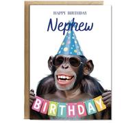 Hippowarehouse Chimpanzee happy birthday Nephew Personalised Card A6 with envelope for him for her Funny Cards for Men and Women Blank inside option