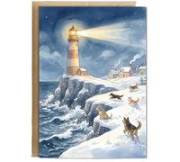 Hippowarehouse Christmas Eve Lighthouse Scene dogs Personalised Card A5 with envelope for him for her Funny Cards for Men and Women Blank inside option