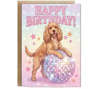 Hippowarehouse Cocker Spaniel Happy Birthday disco celebration dog Personalised Card A6 with envelope for him for her Funny Cards for Men and Women Blank inside option