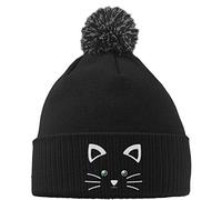 Hippowarehouse Cute Kitty Cat Face Embroidered Beanie Hat with Bobble Black