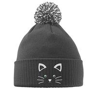 Hippowarehouse Cute Kitty Cat Face Embroidered Beanie Hat with Bobble Grey