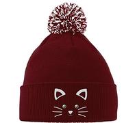 Hippowarehouse Cute Kitty Cat Face Embroidered Beanie Hat with Bobble Maroon