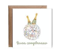 Hippowarehouse disco ball with champaign Buon compleanno happy birthday italian Personalised Card. 15cm x 15cm with envelope for him for her Funny Cards for Men and Women Blank inside option