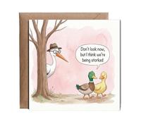 Hippowarehouse Don't look now but I think we're being storked hilarious pun bird joke Personalised Card. 15cm x 15cm with envelope for him for her Funny Cards for Men and Women Blank inside option