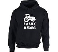 Hippowarehouse Easily Distracted by Tractors Unisex Hoodie Hooded top (Specific Size Guide in Description) Black