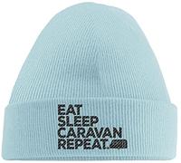 Hippowarehouse Eat Sleep Caravan Repeat Embroidered Beanie Hat Blue with Black Stitch