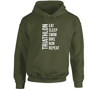 Hippowarehouse Eat Sleep Swim Bike Run Repeat Triathlon Unisex Hoodie Hooded top (Specific Size Guide in Description) Olive Green