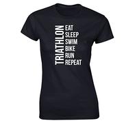 Hippowarehouse Eat Sleep Swim Bike Run Repeat Triathlon Womens Fitted Short Sleeve t-Shirt (Specific Size Guide in Description) Black
