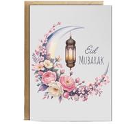 Hippowarehouse Eid Mubarak Crescent Floral Moon in Watercolour Personalised Card A5 with envelope for him for her Funny Cards for Men and Women Blank inside option