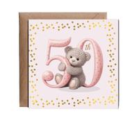 Hippowarehouse Elegant Happy Birthday 50th pink bear fake glitter effect Personalised Card. 15cm x 15cm with envelope for him for her Funny Cards for Men and Women Blank inside option