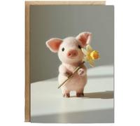 Hippowarehouse felt piglet holding a daffodil Personalised Card A5 with envelope for him for her Funny Cards for Men and Women Blank inside option