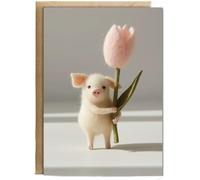 Hippowarehouse felt piglet holding oversized tulip Personalised Card A6 with envelope for him for her Funny Cards for Men and Women Blank inside option