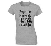 Hippowarehouse Forget The Broomstick This Witch Rides a Motorbike Womens Fitted Short Sleeve t-Shirt (Specific Size Guide in Description) Grey