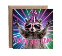 Hippowarehouse Funny Happy Birthday Card for Dad Brother Guy Mates with Rave Party Raccoon Personalised Card. 15cm x 15cm with envelope for him for her Funny Cards for Men and Women Blank inside