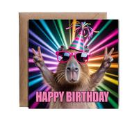 Hippowarehouse Funny Happy Birthday Card Silly Rave Party Capybara for Family and Friends Personalised Card. 15cm x 15cm with envelope for him for her Funny Cards for Men and Women Blank inside option