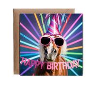 Hippowarehouse Funny Happy Birthday Card Silly Rave Party Horse for Family and Friends Personalised Card. 15cm x 15cm with envelope for him for her Funny Cards for Men and Women Blank inside option