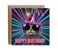 Hippowarehouse Funny Pet Happy Birthday Card Silly Rave Party Cat for Family and Friends Personalised Card. 15cm x 15cm with envelope for him for her Funny Cards for Men and Women Blank inside option