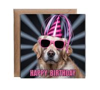 Hippowarehouse Funny Pet Happy Birthday Card Silly Rave Party Golden Retriever for Family and Friends Personalised Card. 15cm x 15cm with envelope for him for her Funny Cards for Men and Women Blank