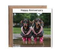 Hippowarehouse happy anniversary dachshund in boots and raincoat Personalised Card. 15cm x 15cm with envelope for him for her Funny Cards for Men and Women Blank inside option