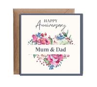 Hippowarehouse Happy Anniversary mum and dad purple flowers Personalised Card. 15cm x 15cm with envelope for him for her Funny Cards for Men and Women Blank inside option