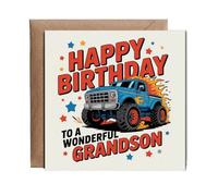 Hippowarehouse Happy Birthday Card to a Wonderful Grandson Cool Monster Truck Personalised Card. 15cm x 15cm with envelope for him for her Funny Cards for Men and Women Blank inside option