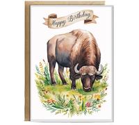 Hippowarehouse Happy Birthday cute buffalo watercolour Birthday Card A5 Personalised with envelope for him for her Funny Cards for Men and Women Blank inside option