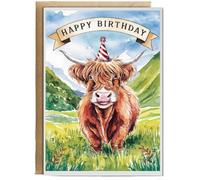 Hippowarehouse Happy Birthday cute highland cow watercolour Personalised Card A6 with envelope for him for her Funny Cards for Men and Women Blank inside option