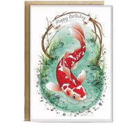 Hippowarehouse Happy Birthday cute koi fish pond watercolour Birthday Card A5 Personalised with envelope for him for her Funny Cards for Men and Women Blank inside option