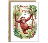 Hippowarehouse Happy Birthday cute orangutan watercolour Birthday Card A5 Personalised with envelope for him for her Funny Cards for Men and Women Blank inside option
