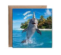 Hippowarehouse Happy Birthday Dolphin Personalised Birthday Card 15cm x 15cm for him for her Funny with envelope Birthday Cards for Men and Women