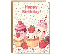 Hippowarehouse Happy Birthday kawaii strawberry deserts Personalised Card A6 with envelope for him for her Funny Cards for Men and Women Blank inside option