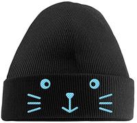 Hippowarehouse Happy Cute Cat Embroidered Beanie Hat Black with Baby Blue Stitch