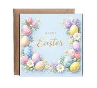 Hippowarehouse Happy Easter Card Beautiful Spring Blooms and Pastel Eggs with Dimension Effect Personalised Card. 15cm x 15cm with envelope for him for her Funny Cards for Men and Women Blank inside