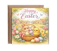 Hippowarehouse Happy Easter chick and bunny in an easter basket Personalised Card. 15cm x 15cm with envelope for him for her Funny Cards for Men and Women Blank inside option